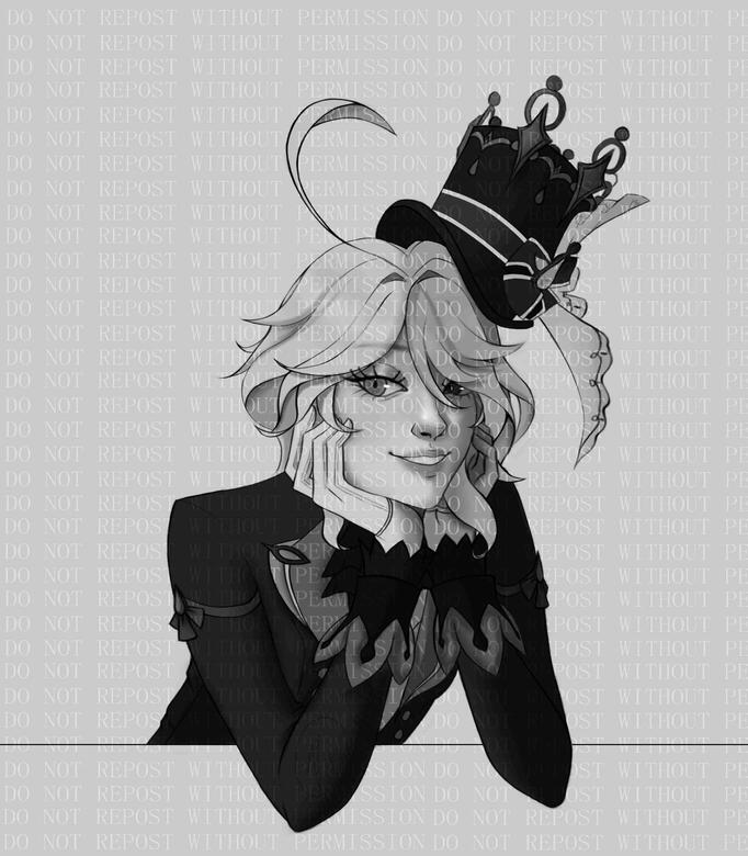 Fanart of Furina from Genshin Impact, Black & White Sketch + Shading, Oct 2023